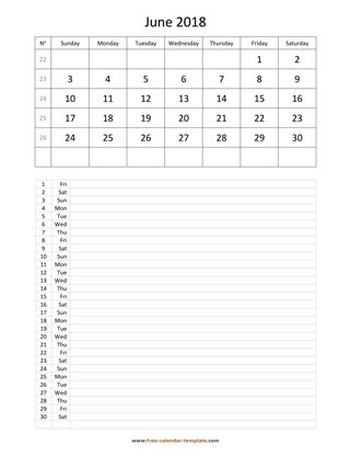 june 2018 calendar daily notes vertical