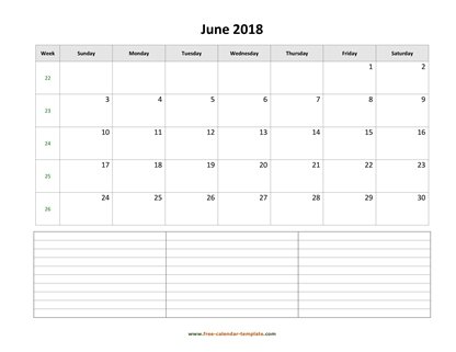 june 2018 calendar notes horizontal