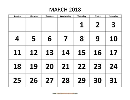 march 2018 calendar bigfont horizontal