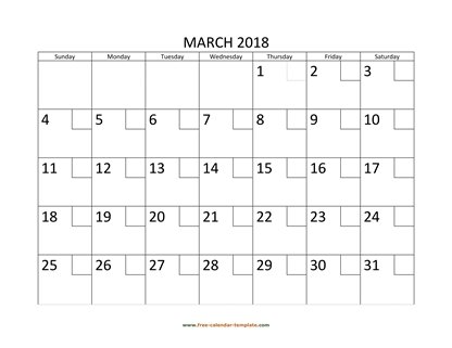 march 2018 calendar checkboxes horizontal