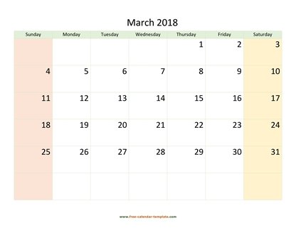 march 2018 calendar colored horizontal