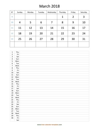 march 2018 calendar daily notes vertical