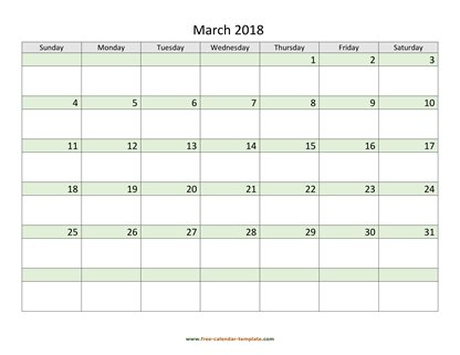 march 2018 calendar daycolored horizontal