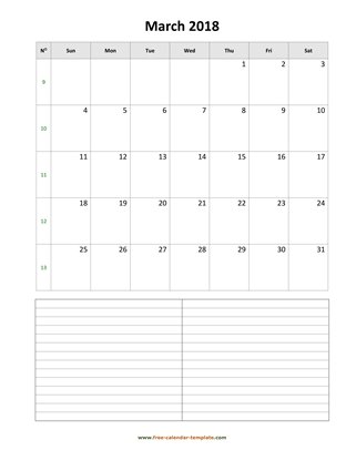 march 2018 calendar notes vertical