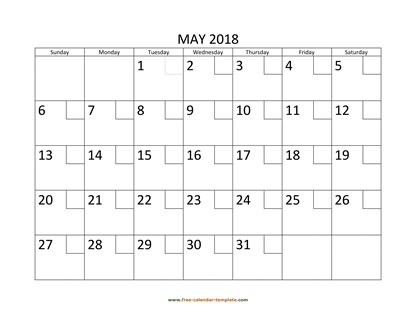 may 2018 calendar checkboxes horizontal