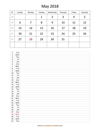 may 2018 calendar daily notes vertical