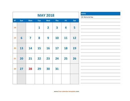 may 2018 calendar largenotes horizontal
