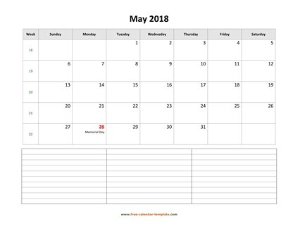 may 2018 calendar notes horizontal