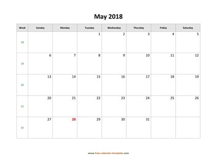 may 2018 calendar simple horizontal
