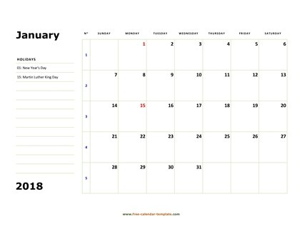 monthly 2018 calendar boxnotes horizontal