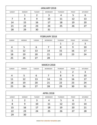 monthly 2018 calendar four months vertical