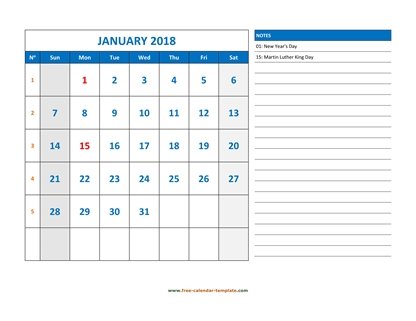 monthly 2018 calendar largenotes horizontal