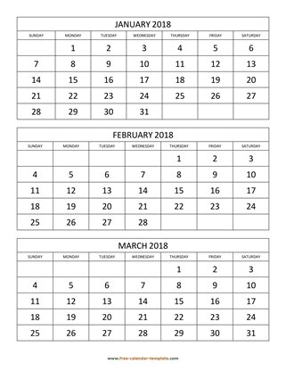 monthly 2018 calendar three months vertical