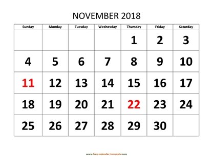 november 2018 calendar bigfont horizontal