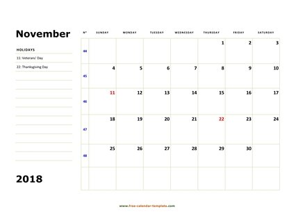 november 2018 calendar boxnotes horizontal