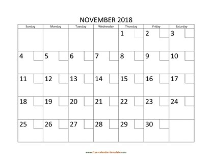 november 2018 calendar checkboxes horizontal