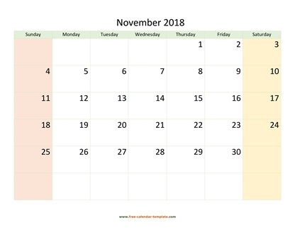 november 2018 calendar colored horizontal