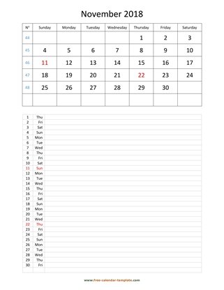 november 2018 calendar daily notes vertical