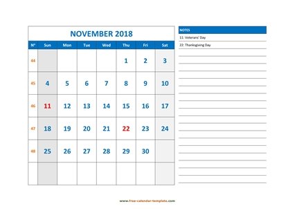 november 2018 calendar largenotes horizontal
