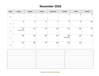 november 2018 calendar notes horizontal