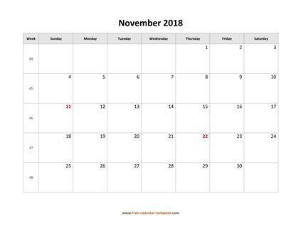november 2018 calendar simple horizontal