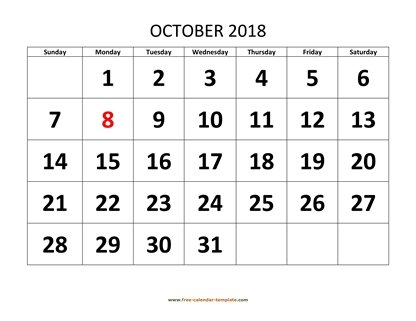 october 2018 calendar bigfont horizontal