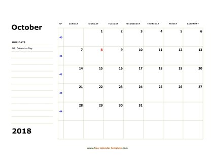 october 2018 calendar boxnotes horizontal