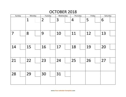 october 2018 calendar checkboxes horizontal