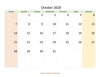 october 2018 calendar colored horizontal