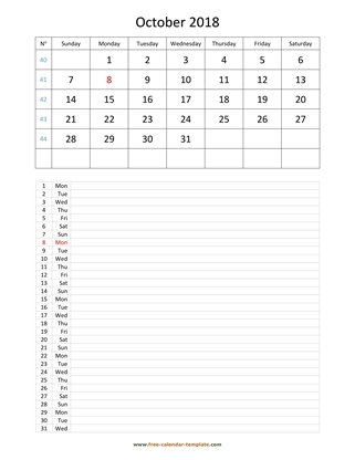 october 2018 calendar daily notes vertical