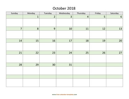 october 2018 calendar daycolored horizontal