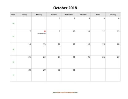 october 2018 calendar holidays horizontal