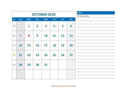 october 2018 calendar largenotes horizontal