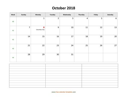 october 2018 calendar notes horizontal