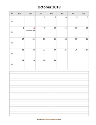 october 2018 calendar notes vertical