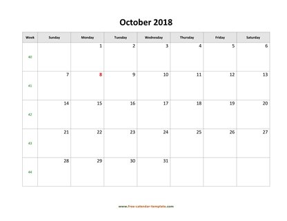 october 2018 calendar simple horizontal