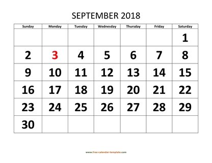 september 2018 calendar bigfont horizontal