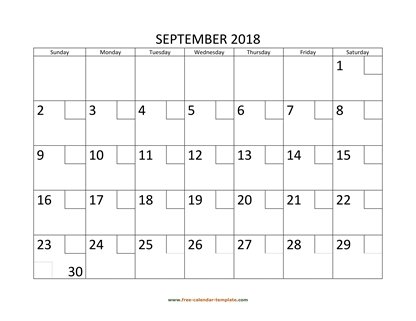 september 2018 calendar checkboxes horizontal