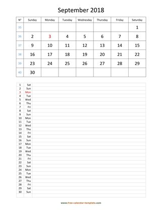 september 2018 calendar daily notes vertical