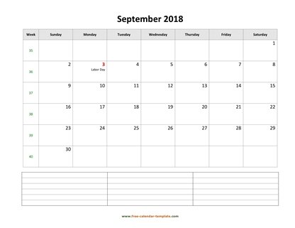 september 2018 calendar notes horizontal