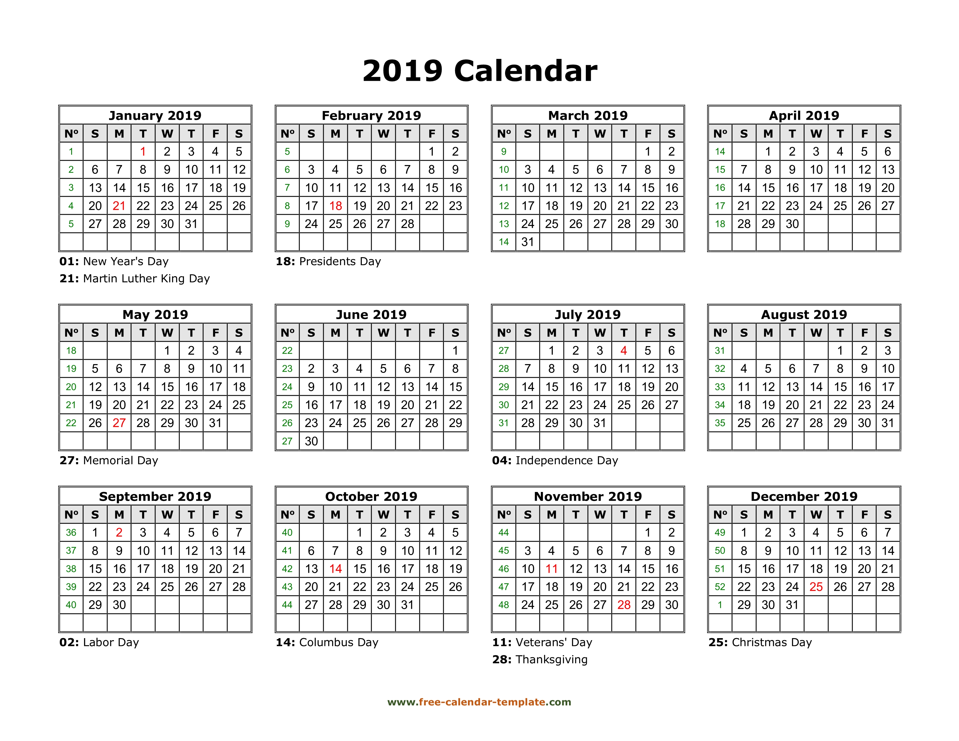 Printable 2019 Calendar Template from www.free-calendar-template.com
