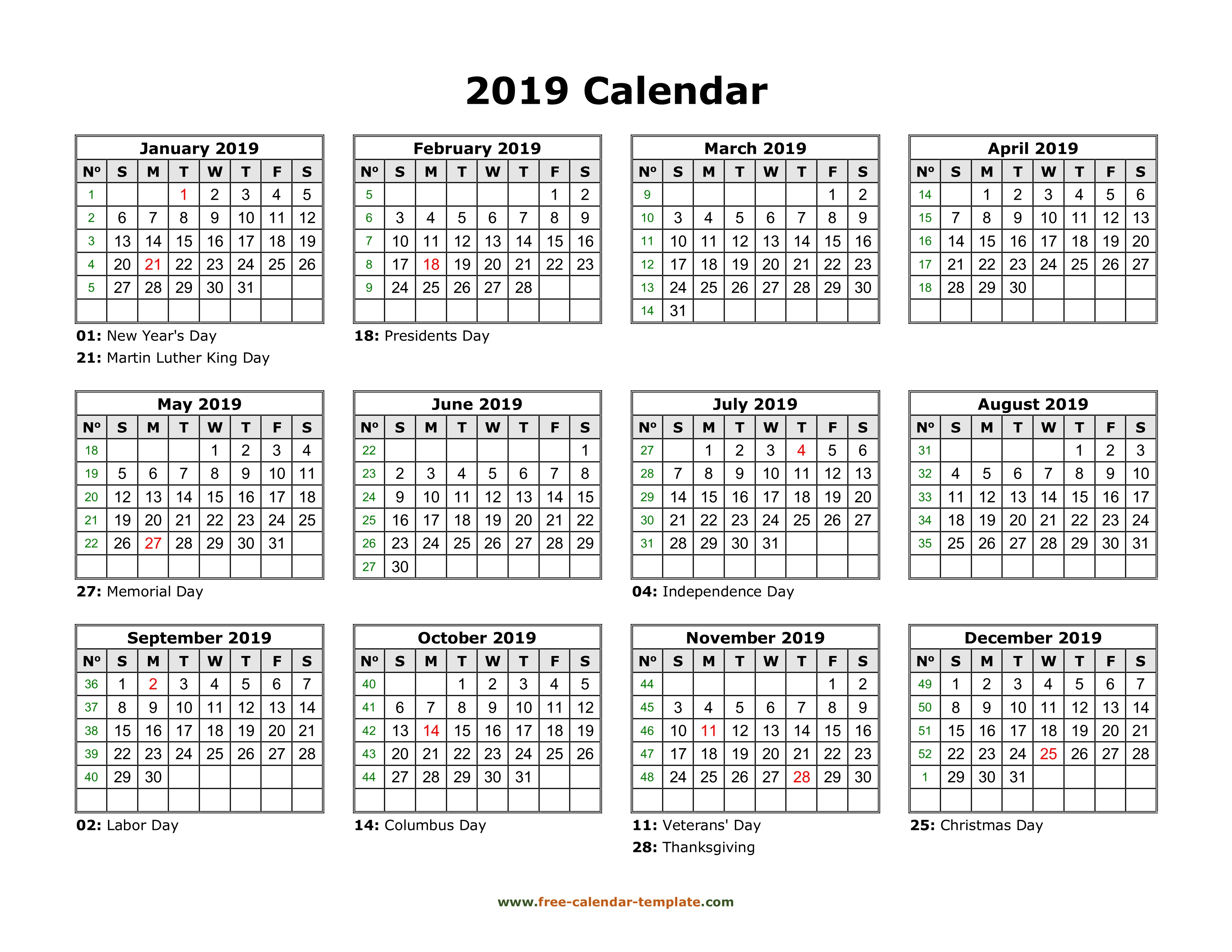 2019 calendar pdf printable