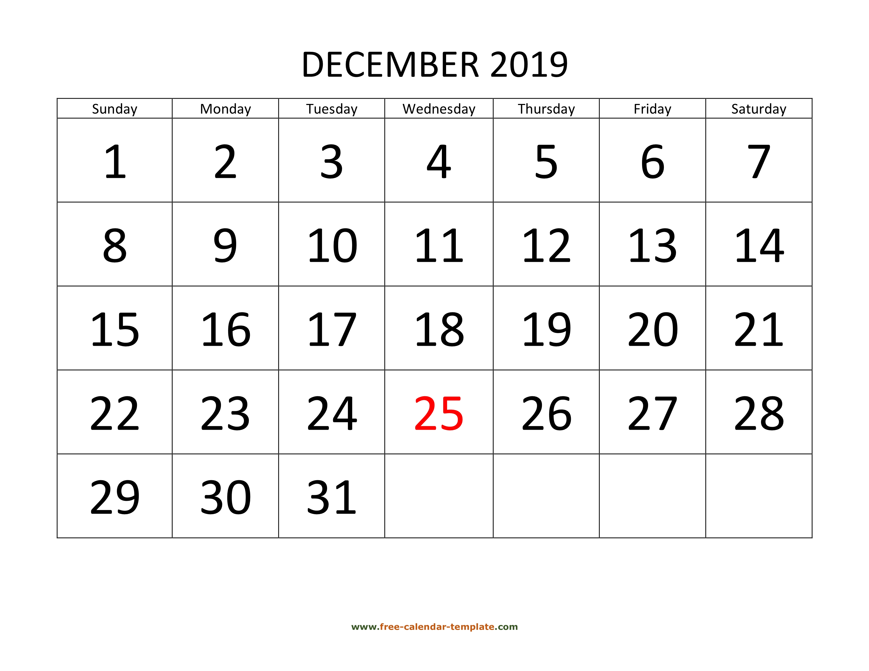 19 Calendar December Printable