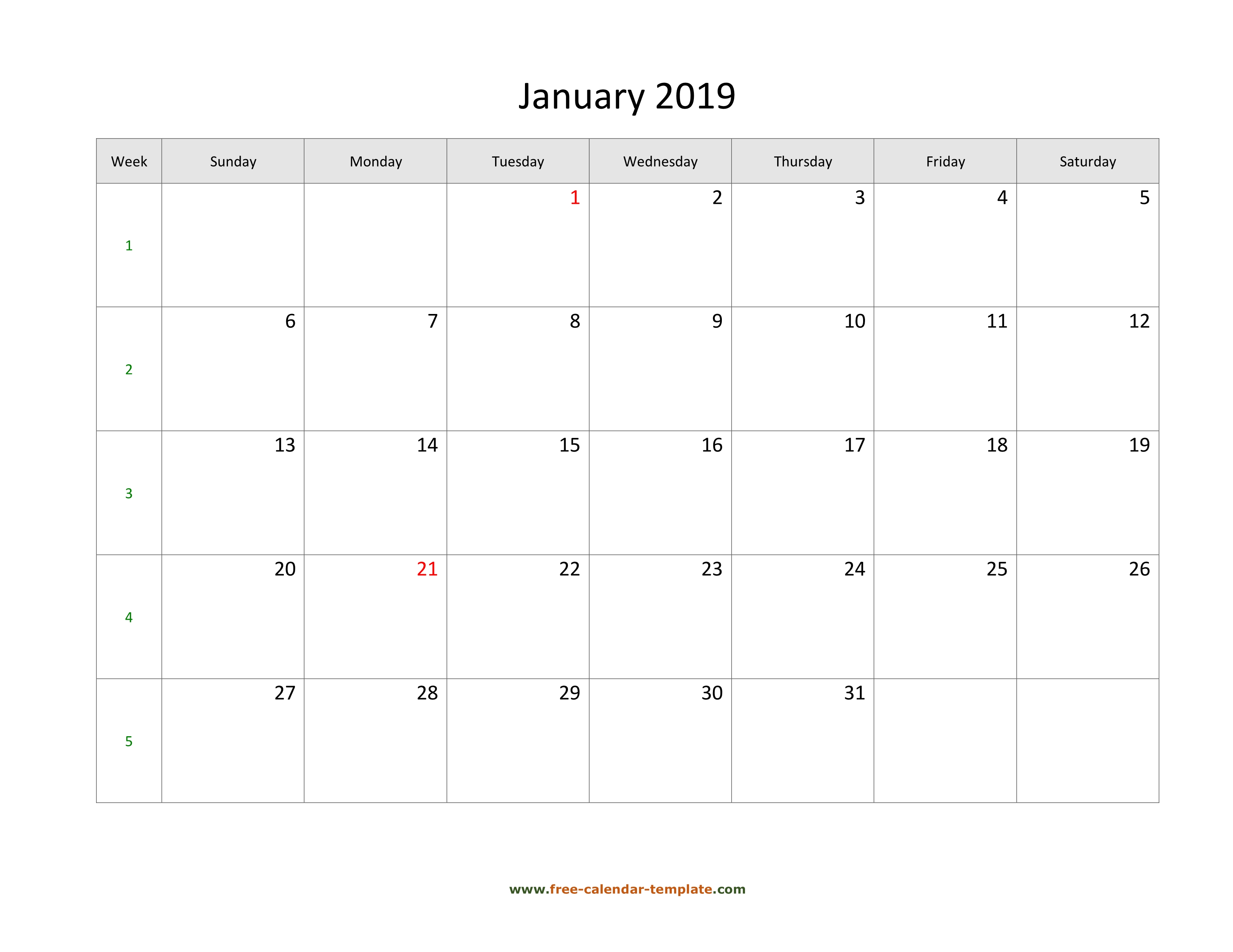 Simple Monthly Calendar 2019 Large Box On Each Day For