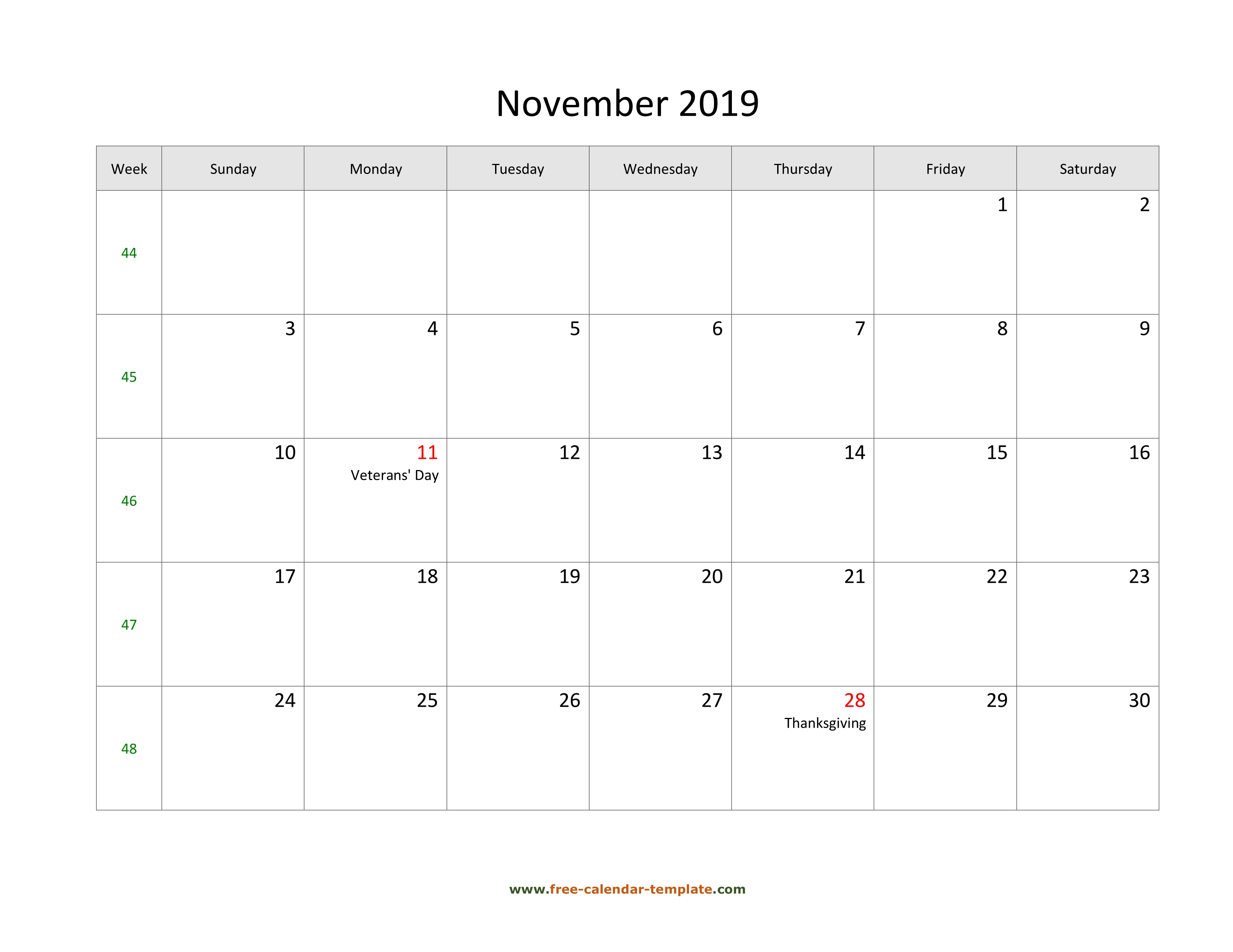 2019 Calendar November Printable