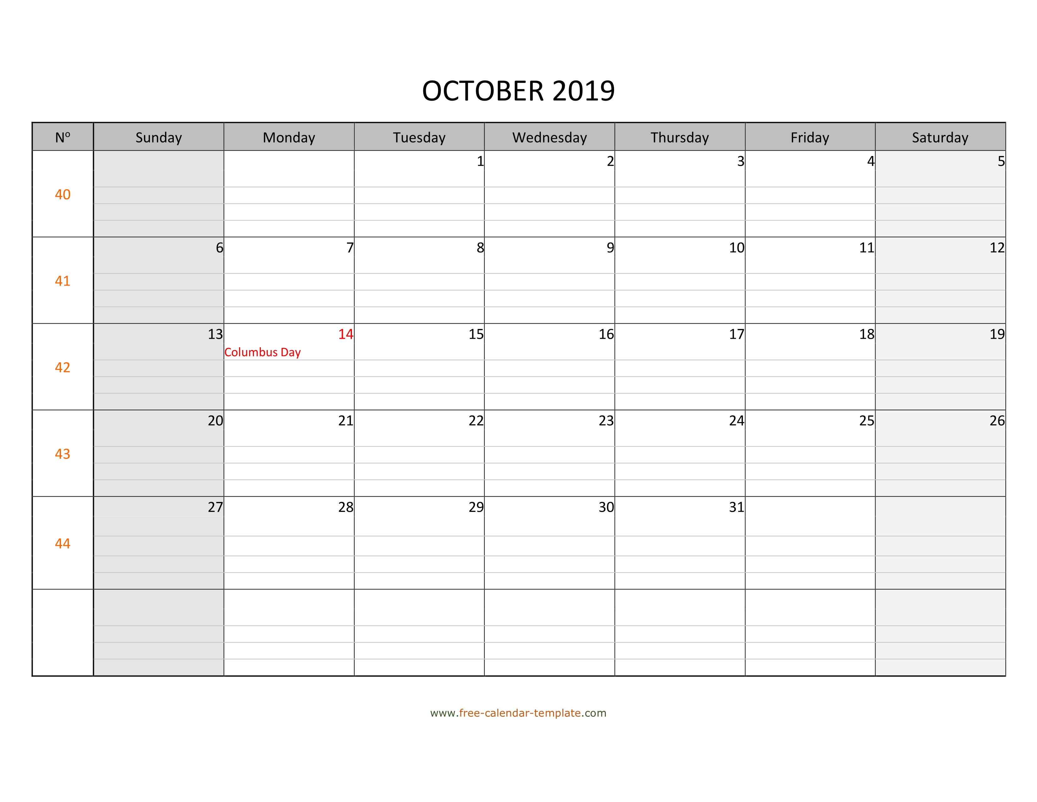 October 2019 Calendar Free Printable With Grid Lines Designed Horizontal Free Calendar Template Com