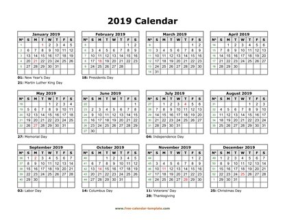 2019 calendar holidays month horizontal