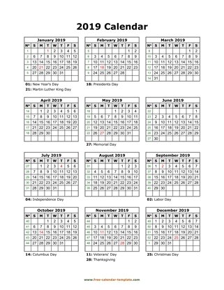 2019 calendar holidays month vertical