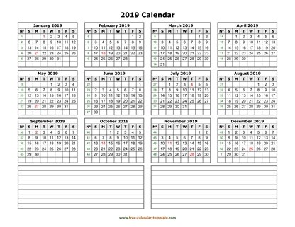 2019 calendar notes horizontal