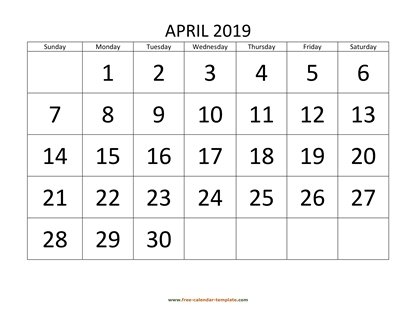 april 2019 calendar bigfont horizontal